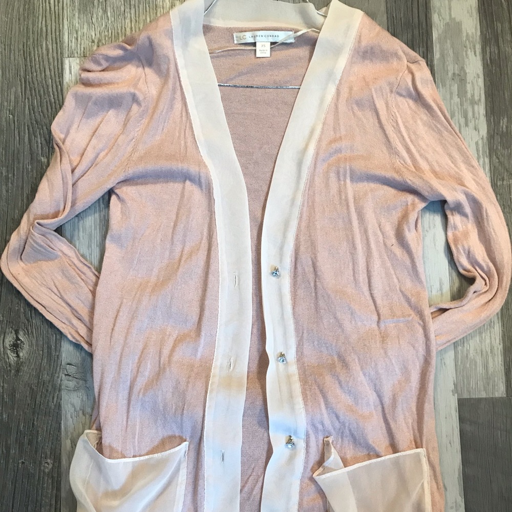 LC Conrad blush pink cardigan + chiffon details